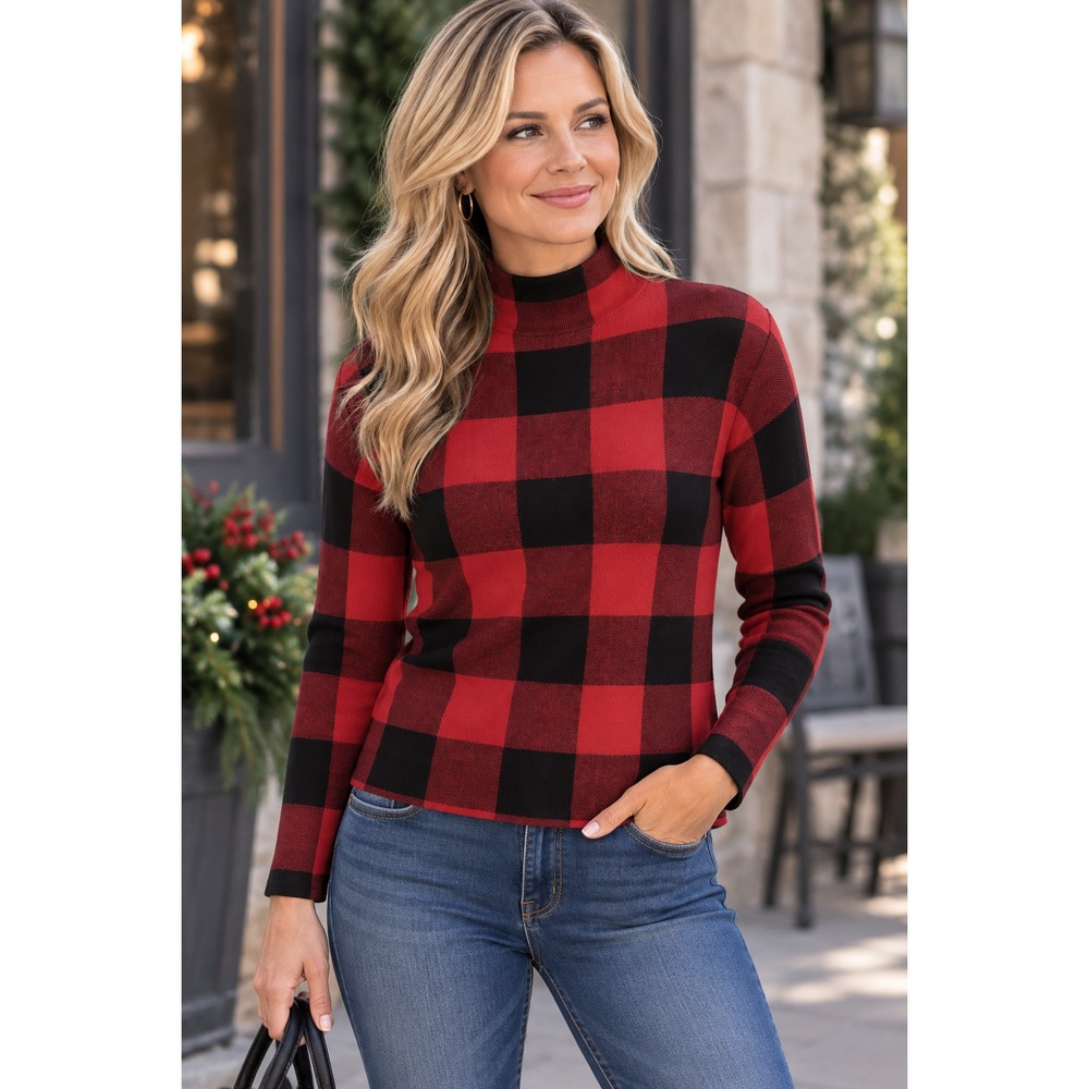 Tommy Bahama Women's Red Black Plaid Checkered Mock Neck Sweater Size XS